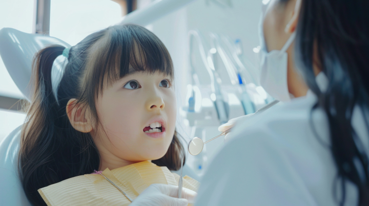 虫歯を予防するために歯科医院で検診を受ける子ども