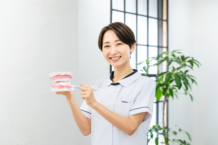 歯周病を予防するため正しい歯磨きの指導をする歯科衛生士