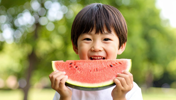 歯肉炎を予防して美味しくスイカを食べる男の子