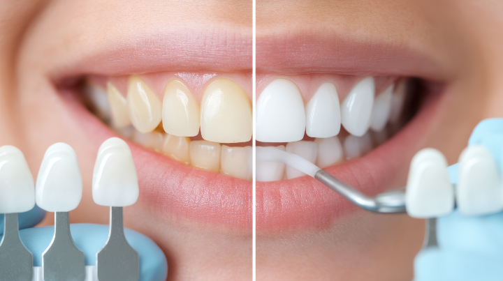 歯の黄ばみを改善する方法を説明する様子