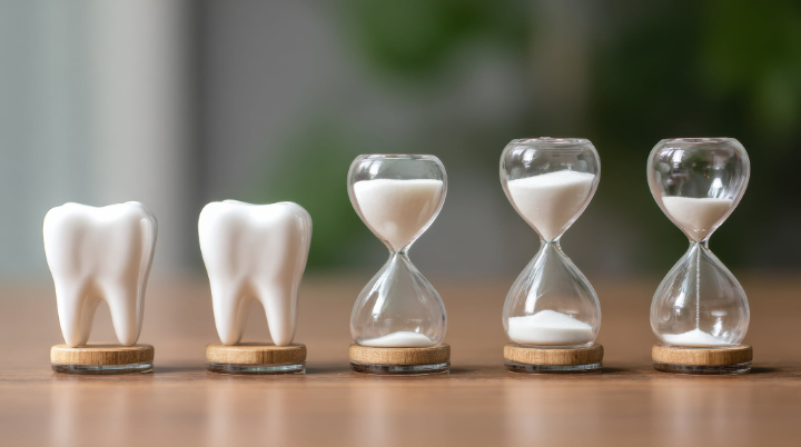 歯の寿命を示す歯の模型と砂時計