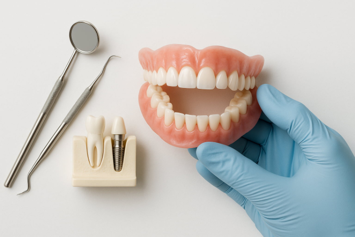 歯を失ったあとに行われる治療である入れ歯とインプラントのイメージ
